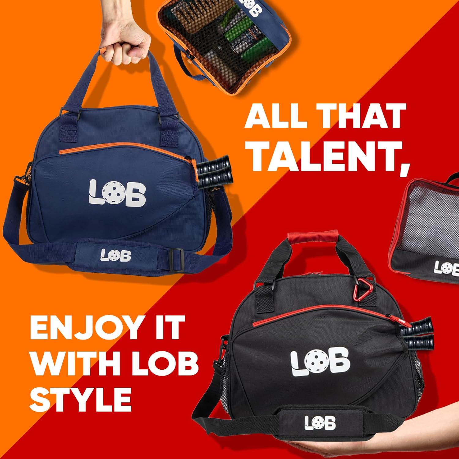 Pickleball Bags for Women Men Tote Carry Bag with Bottle Holders, Fits 2 Paddles, 3Pc Accessories (Pouch, Mesh Ball Bag, Fence Hook), Durable Lightweight