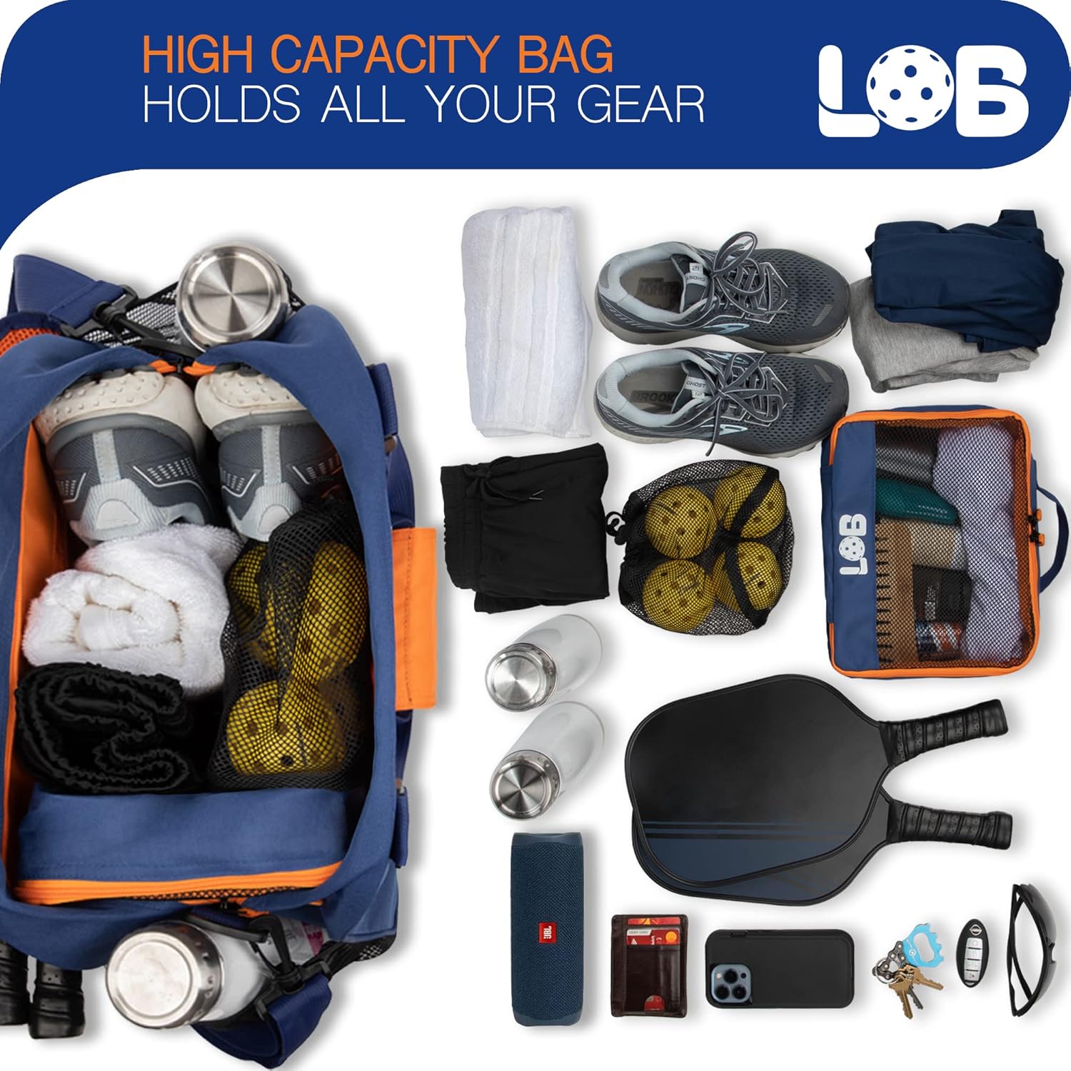 Pickleball Bags for Women Men Tote Carry Bag with Bottle Holders, Fits 2 Paddles, 3Pc Accessories (Pouch, Mesh Ball Bag, Fence Hook), Durable Lightweight