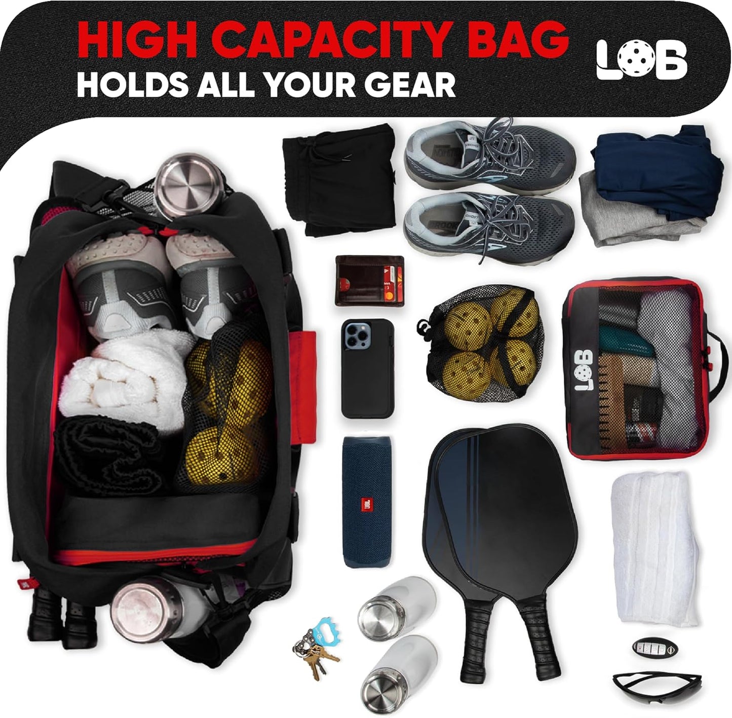 Pickleball Bags for Women Men Tote Carry Bag with Bottle Holders, Fits 2 Paddles, 3Pc Accessories (Pouch, Mesh Ball Bag, Fence Hook), Durable Lightweight