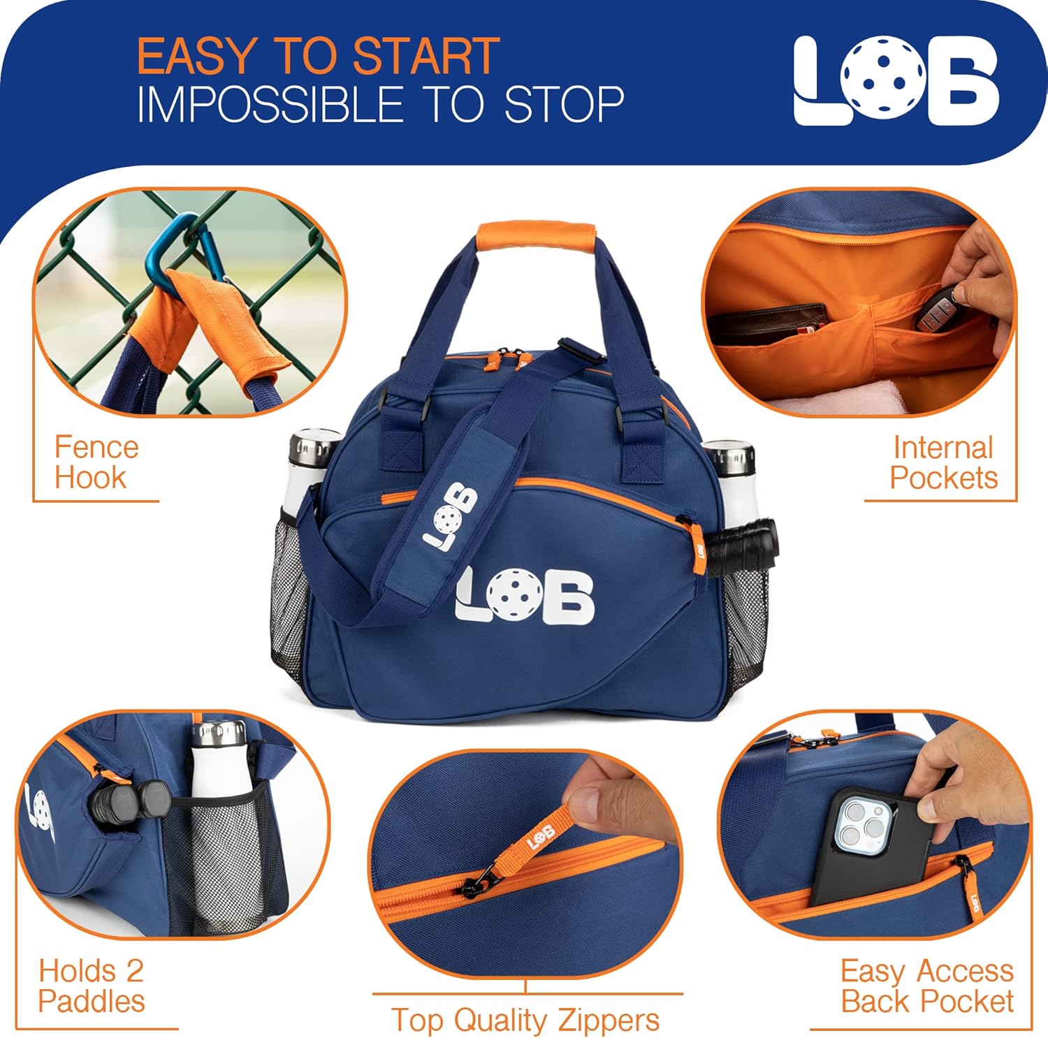 Pickleball Bags for Women Men Tote Carry Bag with Bottle Holders, Fits 2 Paddles, 3Pc Accessories (Pouch, Mesh Ball Bag, Fence Hook), Durable Lightweight